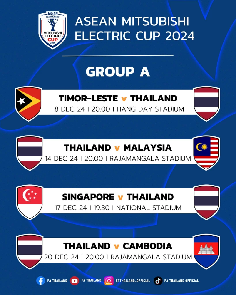 เปิดโปรแกรมทีมชาติไทย ลุยศึกชิงแชมป์อาเซียน 2024